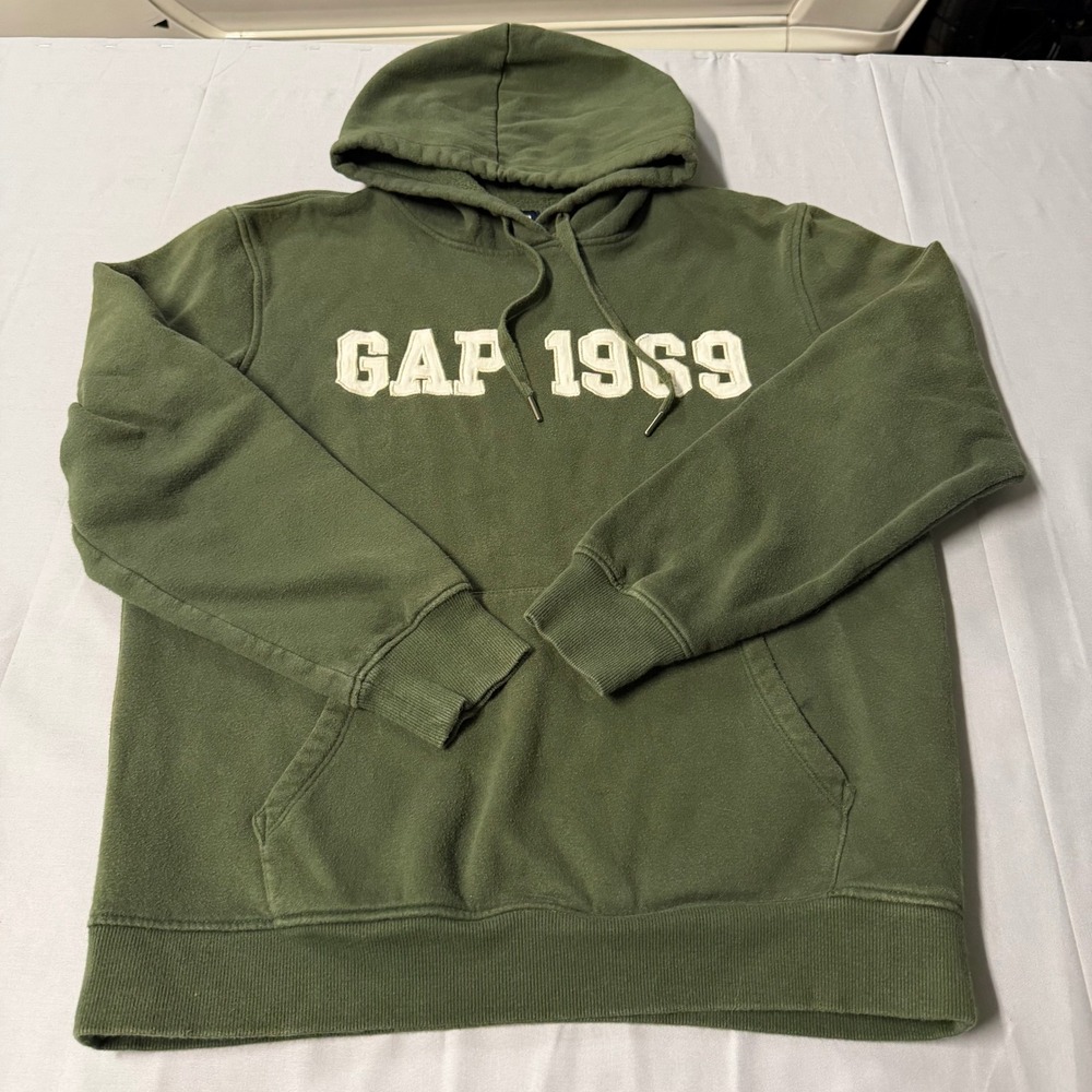 Gap 1969 Logo Pullover Hoodie Olive Green Mens Small Fleece Sweatshirt